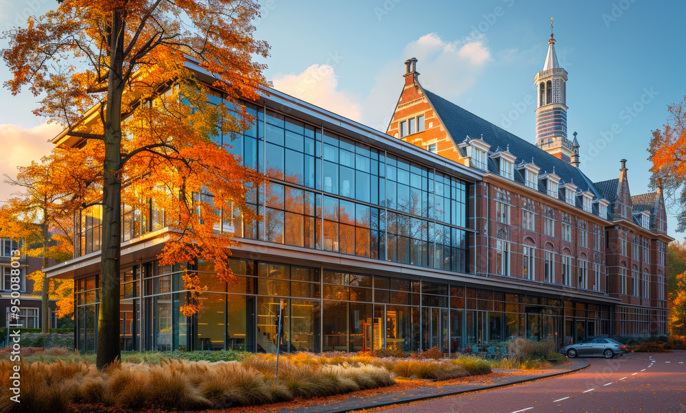 Poster a large building with a clock tower and a large window. the building is surrounded by trees and a re