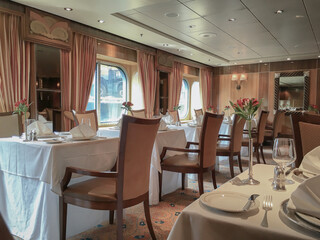 Art Deco interior design style furniture, carpets and paneling onboard classic ocean liner...