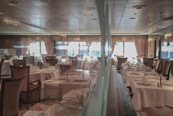 Art Deco interior design style furniture, carpets and paneling onboard classic ocean liner...