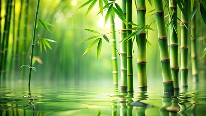 bamboo stalks surrounded by a water surface on a green background, - a relaxing atmosphere, tranquility, peace and quiet. background for yoga, presentation, spa treatments, relaxation.