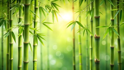 Obraz premium bamboo stalks on a green background - a relaxing atmosphere, tranquility, peace and quiet. background for yoga, presentation, spa treatments, relaxation.