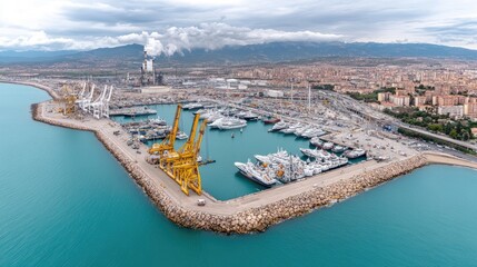 Cranes and cargo ships dominate the port area, with industrial smoke rising from a nearby power plant, showcasing a bustling maritime environment