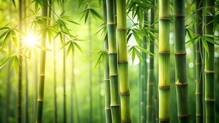 Obraz premium bamboo stalks on a green background - a relaxing atmosphere, tranquility, peace and quiet. background for yoga, presentation, spa treatments, relaxation.