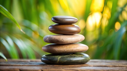 Obraz premium round smooth stones stacked according to Feng Shui on a green background, surrounded by leaves - a relaxing atmosphere, tranquility, peace and quiet. background for yoga, presentation, spa treatments,