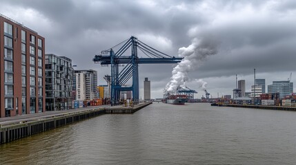 Obraz premium Cranes and cargo ships dominate the port area, with industrial smoke rising from a nearby power plant, showcasing a bustling maritime environment