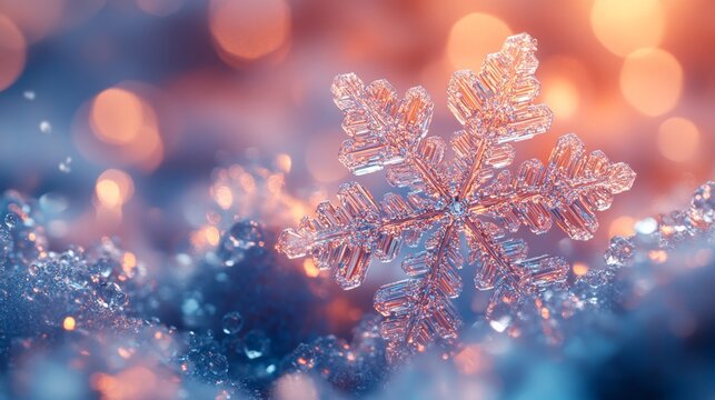 Close-up of a delicate snowflake resting on icy surface, sparkling with soft bokeh lights in the background, evoking winter beauty.