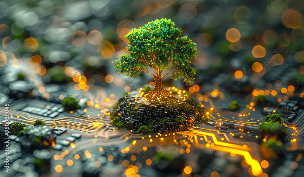 Poster a tree is growing on a rocky surface with a circuit board in the background. concept of technology a