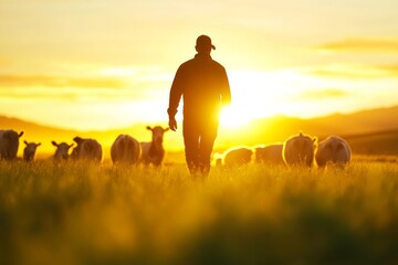 A man walks through a field with a herd of cows. The sun is setting, casting a warm glow over the scene. The man is herding the cows, possibly preparing them for a trip to the market or a new pasture