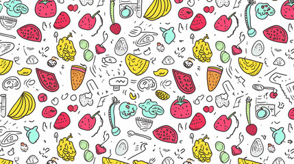 Sweets and fruits as background in 2D illustration.