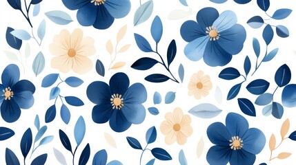 A blue and white floral pattern with a blue flower in the center. The blue flowers are surrounded by green leaves
