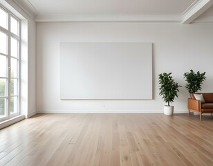 A large white canvas hanging on a white wall in a spacious room with wooden floors and large windows.