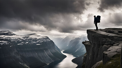 A lone hiker stands on a cliff overlooking a dramatic landscape of mountains, clouds, and a fjord.

