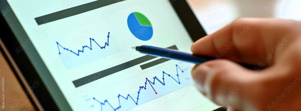 Poster a person is using a tablet to draw a graph. the graph shows a downward trend in the data. generative