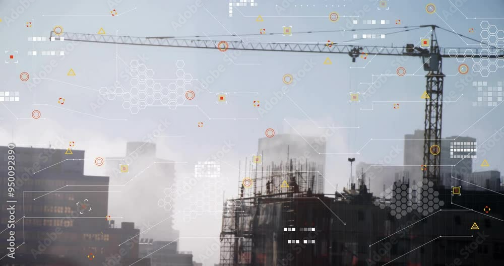 Poster construction site with crane and scaffolding over data processing animation
