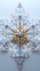 Fototapeta premium Intricate crystal snowflake decoration with elegant blue and gold accents, perfect for winter season themes and holiday celebrations.