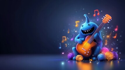 Naklejka premium Monster playing guitar, musical notes around.