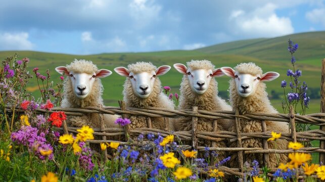 A charming scene featuring four sheep standing behind a rustic wooden fence. Vibrant wildflowers in various colors surround them. This image captures the beauty of nature and rural life. AI