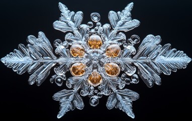 Intricate snowflake design with golden centers, showcasing nature's beauty and delicate patterns in icy formations.
