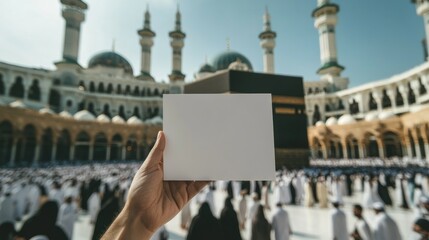 Hand Holding Blank Paper with Hajj and Rafikat al-Tabarruk Background at Masjid al-Haram