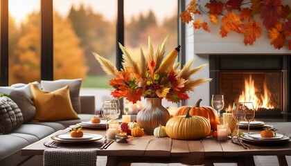 A cozy living room is decorated for Thanksgiving. A crackling fireplace, festive table setting, and cornucopia overflowing with fruit and vegetables create a warm and inviting atmosphere. Soft music.