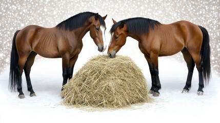 Obraz premium Four horses gather around bales of hay in a snowy environment, calmly eating while snowflakes drift down, creating a tranquil winter ambiance
