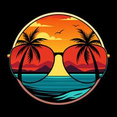 Eye-catching beach scene inside of sunglass view, vector illustration for t-shirt design