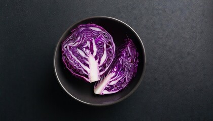 Fototapeta premium Fresh Red cabbage in a bowl on a black background, top view