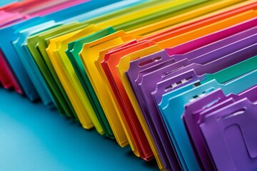 A set of colorful file folders labeled for different school subjects