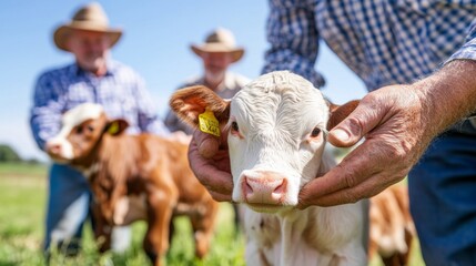 A man is holding a baby cow with a yellow tag on its ear. The cow is white and brown