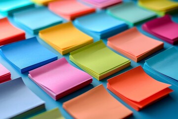 A collection of sticky notes in various bright colors arranged neatly on a desk