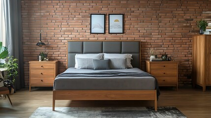Modern industrial bedroom featuring an exposed brick wall, gray upholstered headboard, wooden furniture, and minimalistic decor, creating a stylish and cozy space.