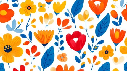 A colorful floral pattern with blue and yellow flowers. The flowers are arranged in a way that creates a sense of movement and energy. Scene is cheerful and uplifting