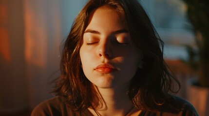 Close up portrait of young happy woman with closed eyes on blurred sunny background 
