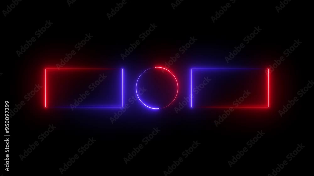 Poster red and blue neon end screen frame isolated on black background, seamless loop. animation of rectang
