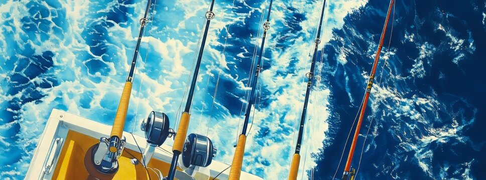 An image of a boat fishing trolling in the blue sea with panoramic rods and reels