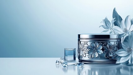 A beautifully designed silver container and glass, accented with delicate flowers on a serene blue background.