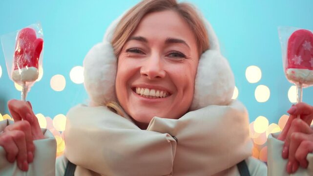 Happy woman playfully holding glove shaped candies at Christmas market. Smiling Caucasian female is wearing winter muffs and neck warmer during festive season. 