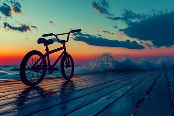 Fototapeta premium Silhouetted BMX Bike on a Wooden Dock at Sunset
