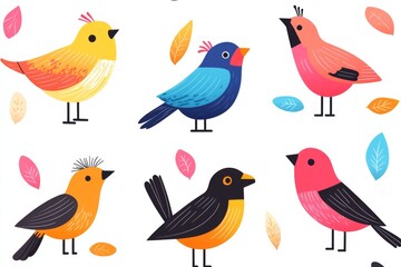 Fototapeta premium A set of colorful birds with different colors and patterns. The birds are standing on leaves and branches, and they are all facing different directions. The image has a playful and whimsical mood
