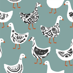 Cute abstract painted cartoon geese seamless pattern. Doodle patterned goose collection. Rustic, nursery, folk, or Scandinavian style. Vector background.