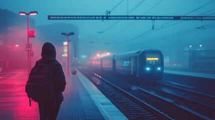 Silhouette of a Person Standing on a Train Platform with a Train in the Background and Fog