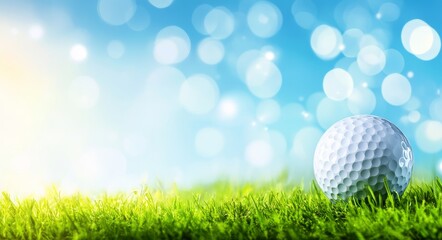 Golf ball on green course to be shot in blurred beautiful landscape of golf course in bright daytime with copy space. Sport, Recreation, Relax in holiday concept.