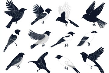 Obraz premium A collection of birds in various positions and sizes, with some flying and others perched. The birds are all black and white, and they are spread out across the image