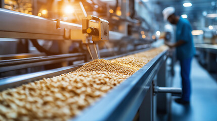 Modern cereal production plant with grains being cooked, shaped, dried, and packed into boxes, with quality checks at every stage.