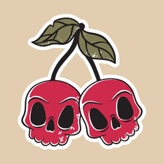 Vintage cherry skull.  Sketch of a tattoo. Halloween flat sticker. Cartoon vector illustration