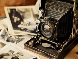 photo camera with colorful printer photos on gray