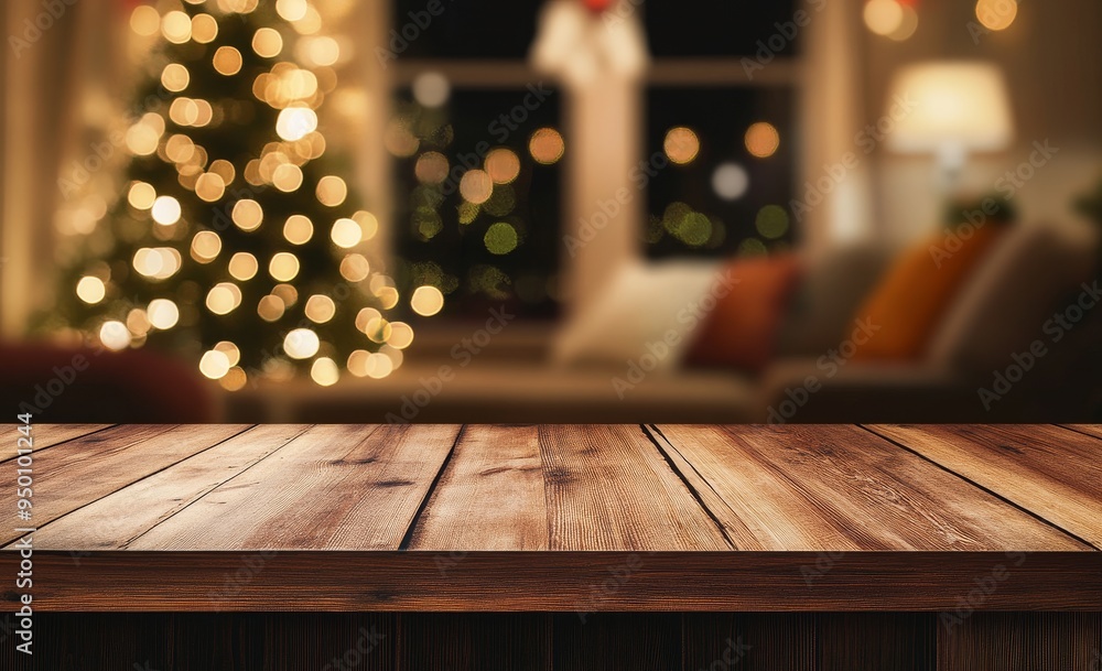 Poster in a defocused background with copy space, an empty wooden table sits on top of a defocused christma