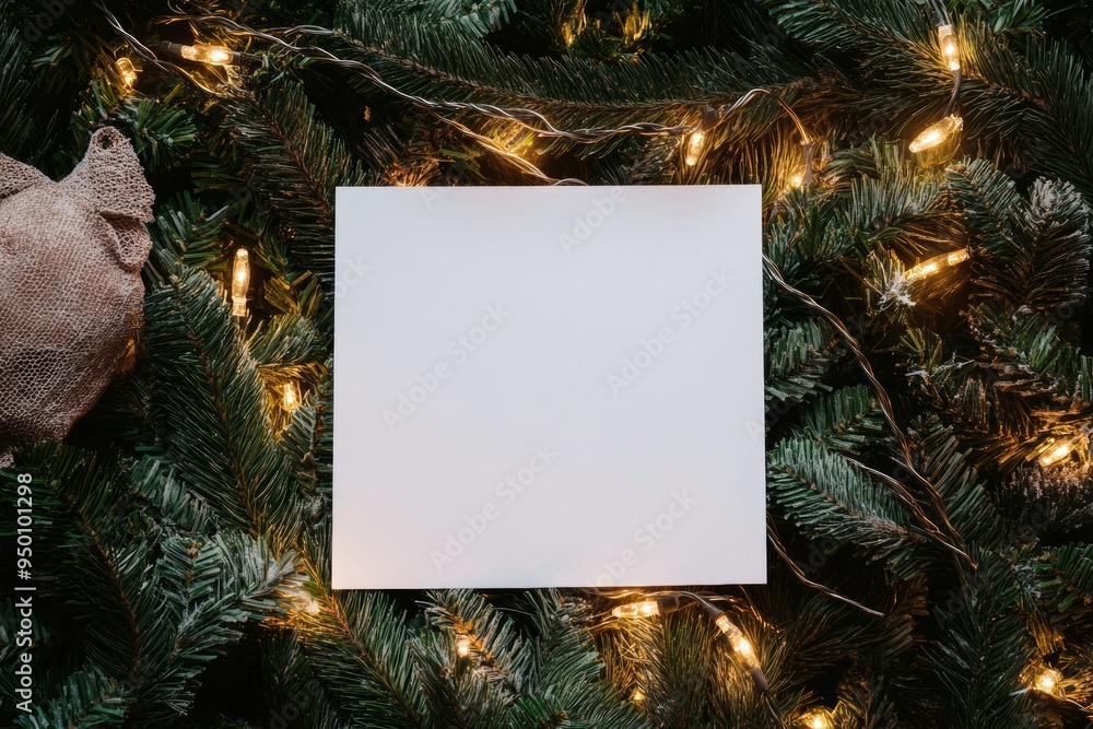 Poster tree branches displayed in a flat lay with christmas lights and a paper card note attached. idea for