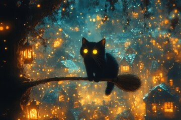 Black Cat with Glowing Eyes Flying Over Halloween Town