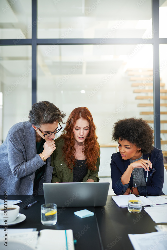Poster laptop, teamwork or people in startup for problem solving, conversation or discussion for tech news.